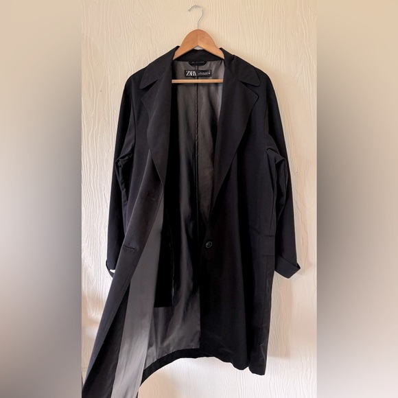 Zara Black Timeless Oversized Trench Coat Jacket Collared Button 80s Inspired - Picture 11 of 12